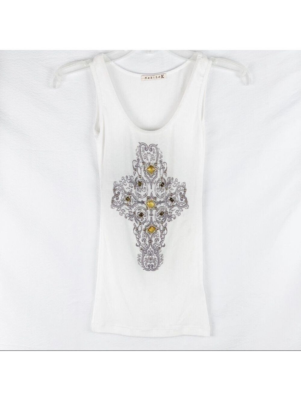 New Marisa K Jeweled/Studded/Printed White Tank Top!